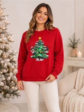 Light Up Christmas Tree Sweatshirt Red Holiday Graphic Size S NWT
